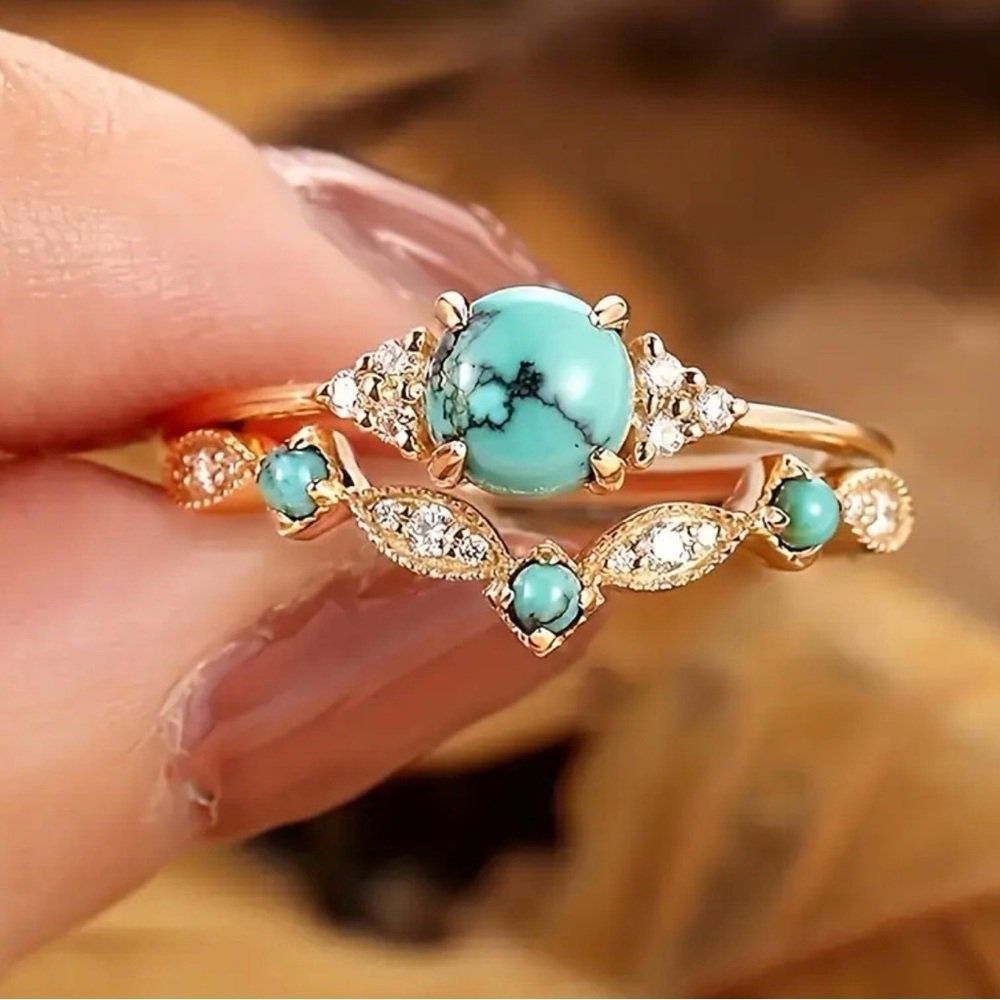 Turquoise Color Stone Gold Tone Stacking Ring Set (R33) - Picture 3 of 6